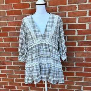Free People Time Out Creme & Brown Lace Tunic Top Womens XS Coastal Cowgirl Boho